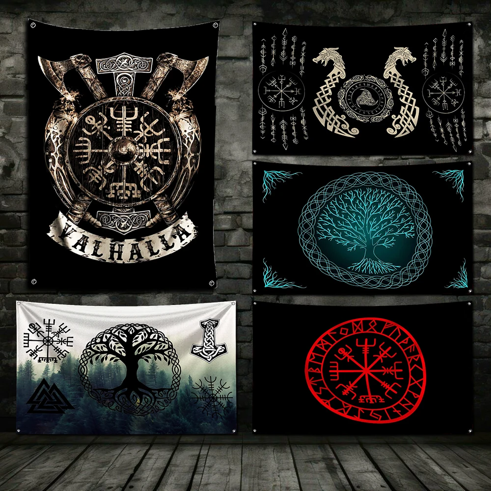 3x5 Ft Viking Nordic Viking Mystical Symbol Flag Polyester Digital Printing for Garage Wall Out Door Decoration With Grommets