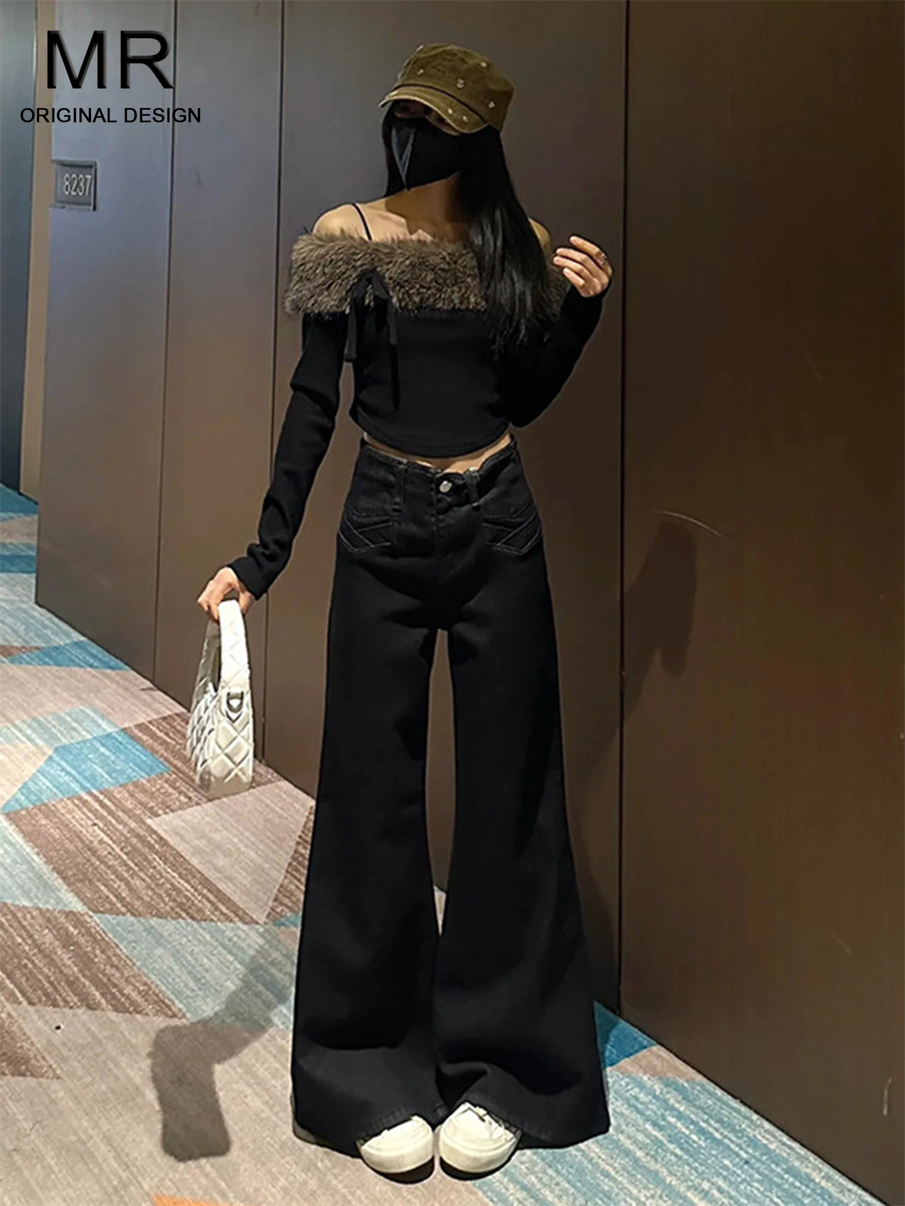 

Американские джинсы с высокой талией и широкими штанинами, женские летние свободные расклешенные брюки, черные с золотом, повседневные, весенние