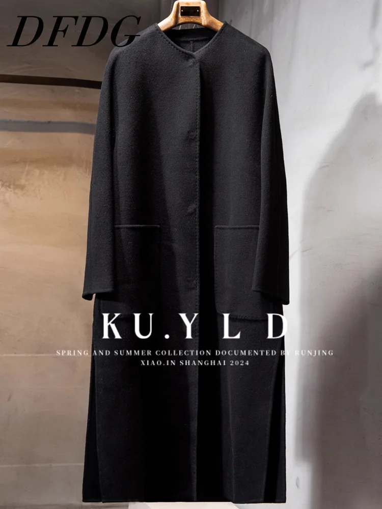 

DFDG Women’s 2025 Autumn Winter Designer Cashmere Wool Overcoat Slimming Oversized Round Neck Trench Coat With Two Pockets Coat