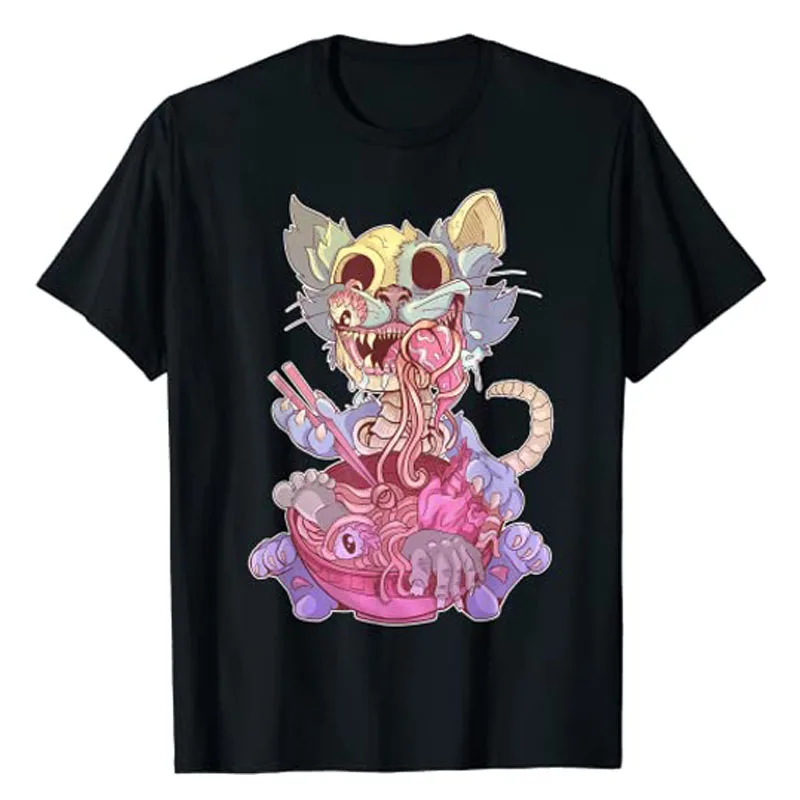 

Pastel Goth Aesthetic Kawaii Creepy Cat Eating Ramen Noodles T-Shirt Funny Japanese Style Cat Lover Graphic Tee Tops Lovely Gift