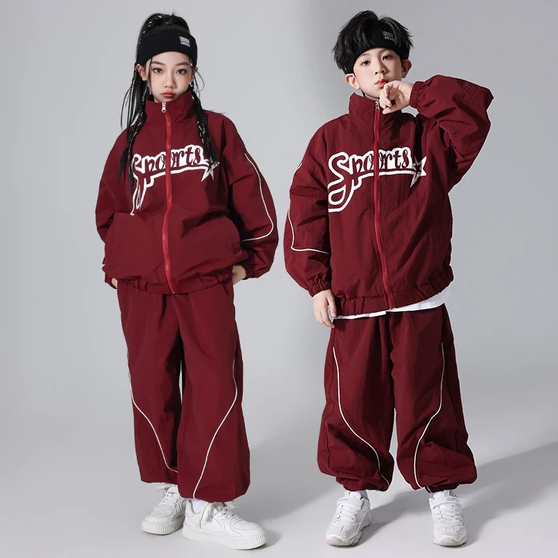 Neue Kinder Hip Hop Outfit Street Dance Kleidung Baggy Burgund Set Jungen Mädchen Sport Jazz Performance Kostüm Team Dancewear L13651