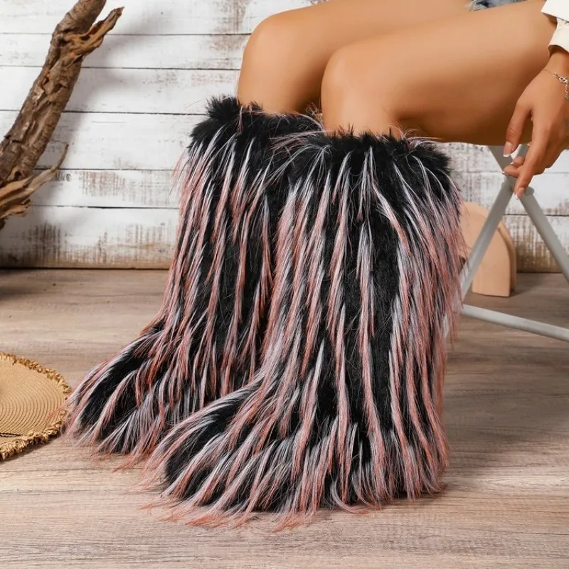 Women's Fluffy Shaggy Mid-Calf Boots Round Toe Flat Heel Pull-On Casual Winter Party Rave Festival Clubwear Tall Statement Shoes