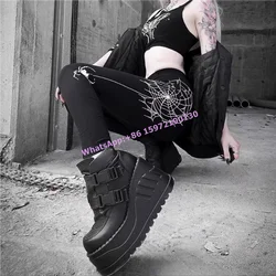 Wedges Platform Belt Ankle Boots Black Solid Round Toe Dark Punk Shoes Gothic Hotties High Increase Leather Lolita Shoes