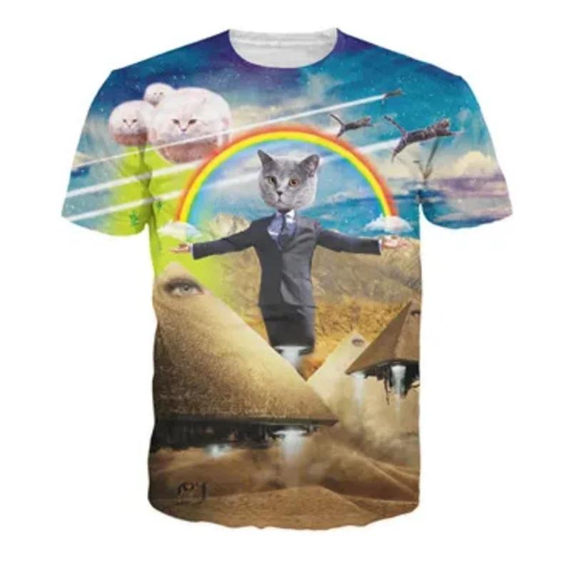 

2025 yiyi PLstar Cosmos Harajuku топы Space / Cat Explosion T- космонавт котенок галактика 3d футболка летние модные футболки wom