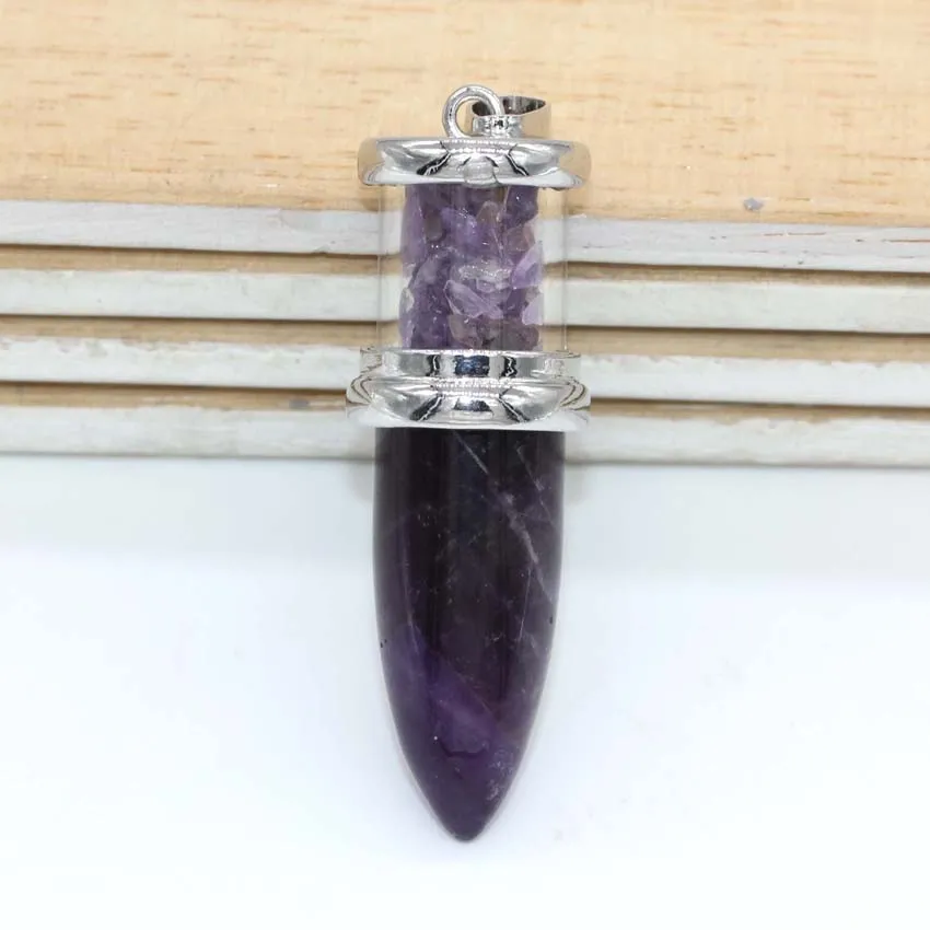 Natural Healing Crystal Quartz Reiki Necklace Amethyst Stone Bullet Shape Wishing Bottle Stone Pendant Pendulum Women Men