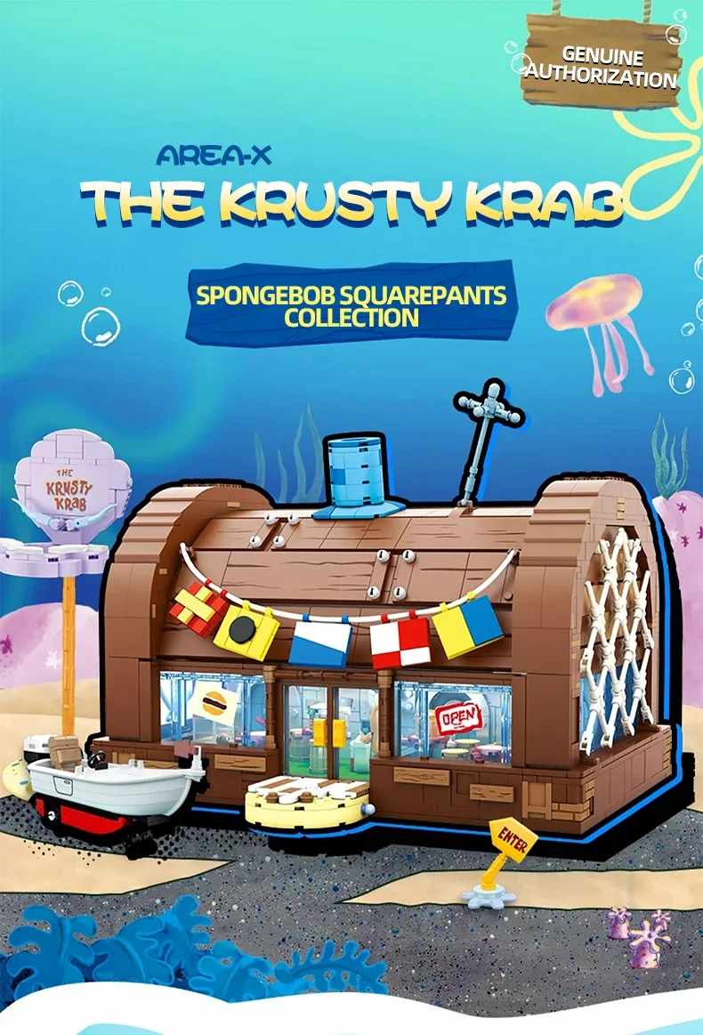 Bloques de construcción de Bob Esponja para niños, juguete de ladrillos para armar restaurante Krusty Krab, con diseño de dibujos animados, ideal para regalo