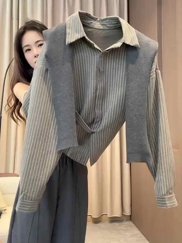 

Laid-back Korean Style Striped Shirt Long Sleeve Grey Versatile Slimming Shoulder Wrap Top for Women Spring Autumn New Arrival