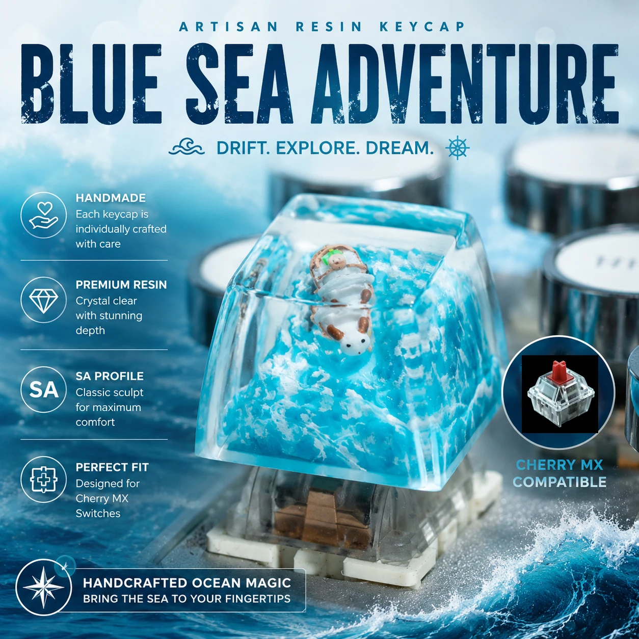 

1U Artisan Resin Keycap Blue Sea Adventure Esc SA Profile Handmade Miniature Keycap for Cherry MX Mechanical Keyboard