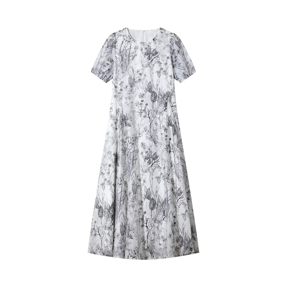 VIMLY French Elegant Ink Floral Print Long Dresses Women Summer 2025 Round Neck Pullover Pockets Tied Waist Dress Woman A0389
