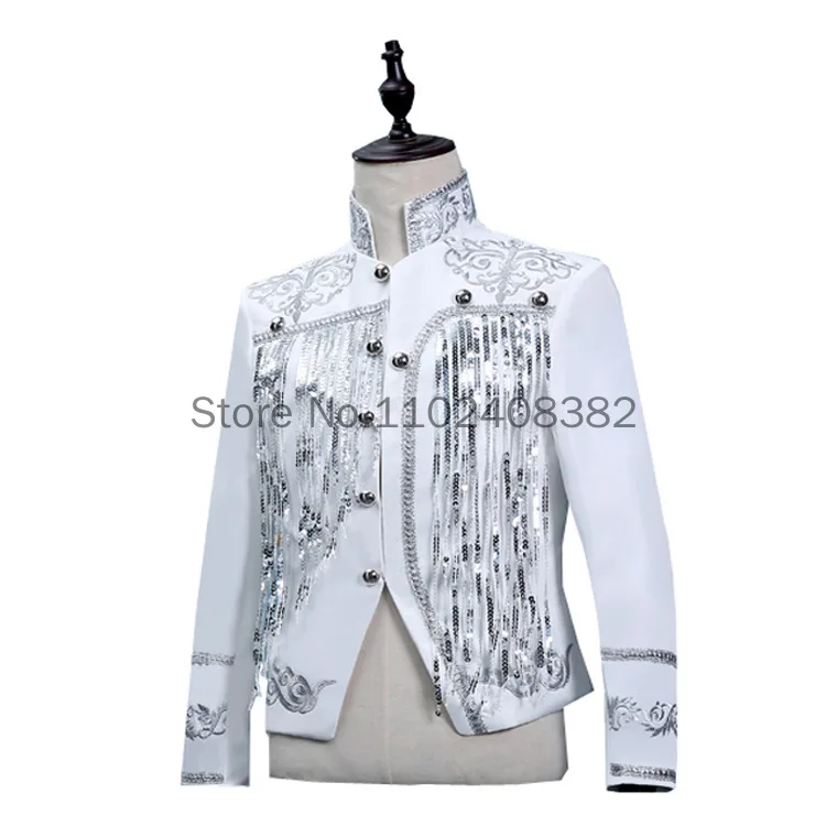 New Steampunk Men\'s Jacket DJ Dancer Ternos White Men Costumes Clothing Black and Gold Blazer with Sequin Tassels for Performer