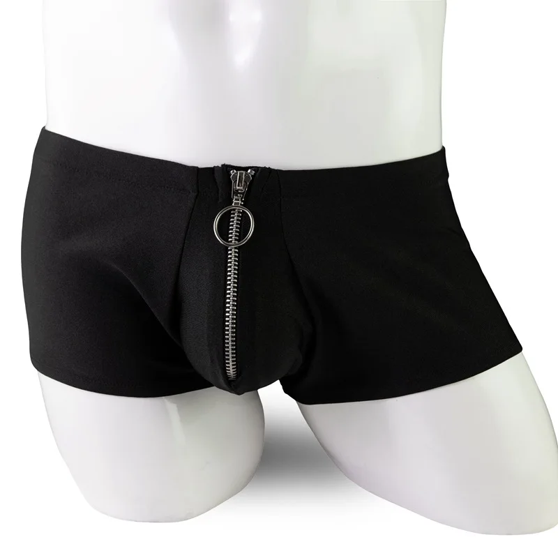 メンズボクサーショーツ下着セクシーポリエステルパンツ男性無地ジップアップローウエストU凸ポーチパンツ男性用下着
