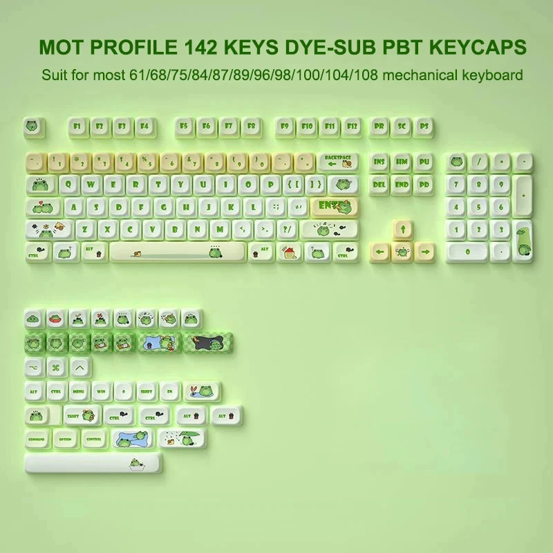 

142 Keys MOT Profile Green Animal PBT Keycaps Dye Sub DIY Key caps for 61/84/87/104 Cherry MX Switch Gaming Mechanical Keyboard