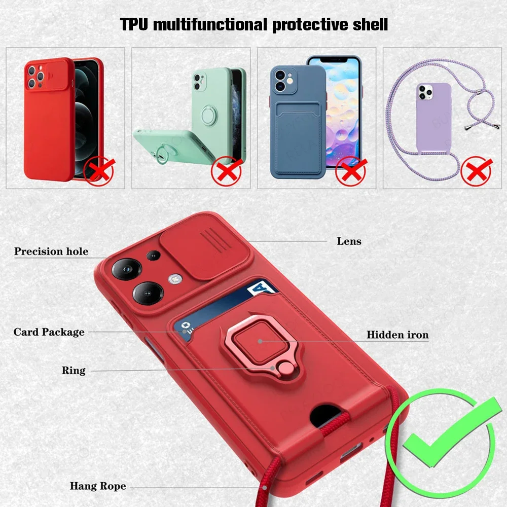 Slide Camera Protect Silicone Case For Xiaomi Poco M6 Pro 4G PocoM6Pro Little M6Pro Car Magnetic Ring Holder Card Wallet Cover