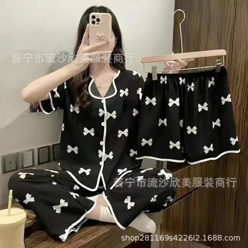 Women\'s Pajamas Three-piece Bows Female Cartoon Short Sleeve Long Pants Pajamas Lapel Loungewear Female Home Wear Pajamas  Set