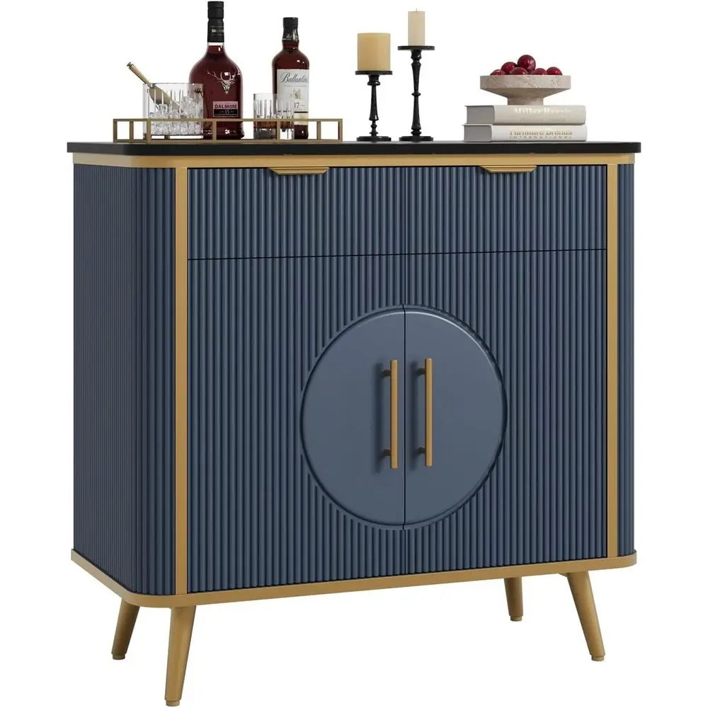 

35 Navy Blue Sideboard Buffet with Adjustable Shelves & 2 Drawers for Kitchen, Dining, Living Room