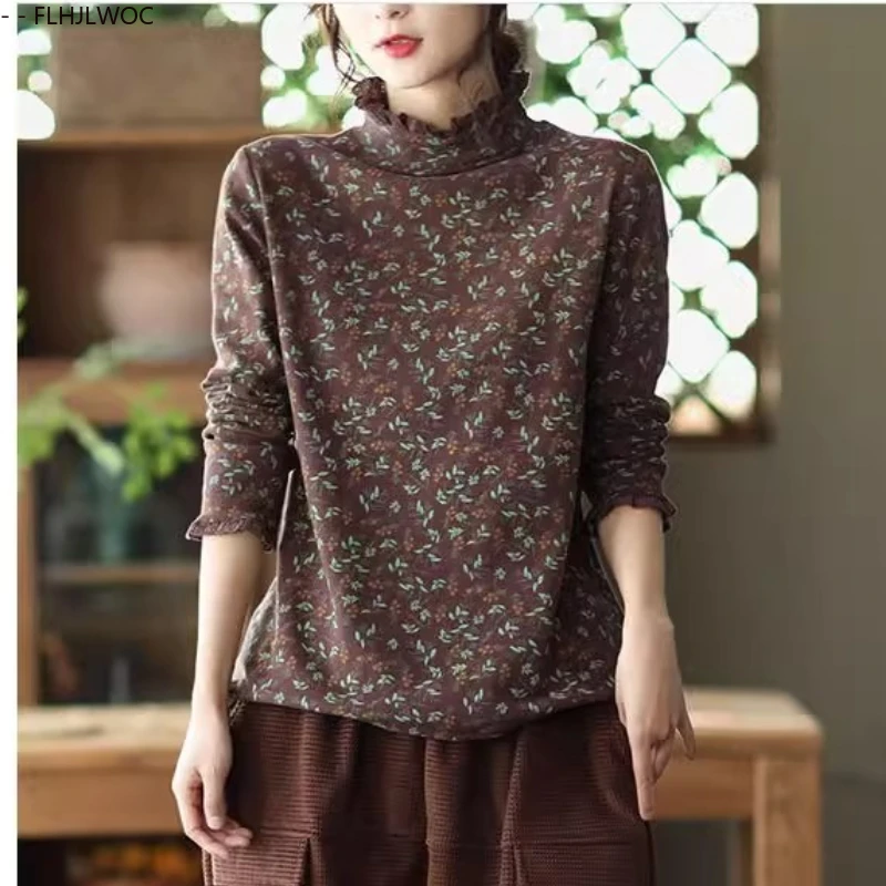 Baumwolle Rollkragen Tops Bluse Frau Langarm Nette Süße Mädchen Blumen Druck Grundlagen Shirts Retro Vintage Floral Rüschen Top