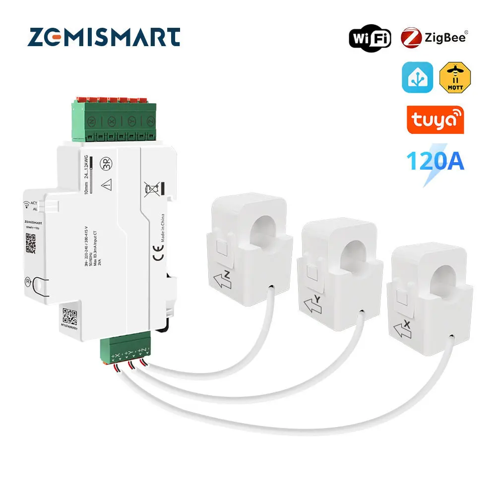 Zemismart 120A Zigbee WiFi Tuya Smart Din-rail Energy Meter 3 Phase Power Monitor Withdrawable Split-core CTs 220V 240V