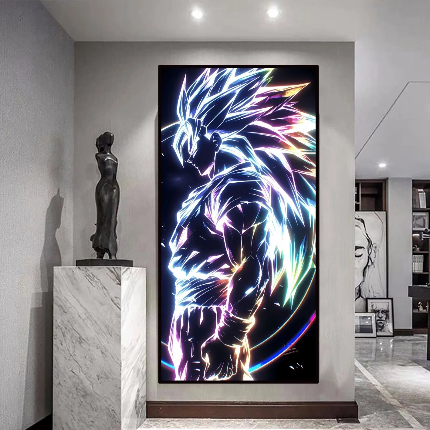 Neon Line Art Dragon Ball Canvas - Super Saiyan Goku  Broli Glowing Effect Poster, Anime Gaming Room Decor