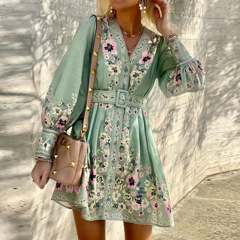 

Elegant Temperament Autumn New Women's Long Sleeved V-neck Loose Fashionable Printed Bohemian Comfortable Dress
