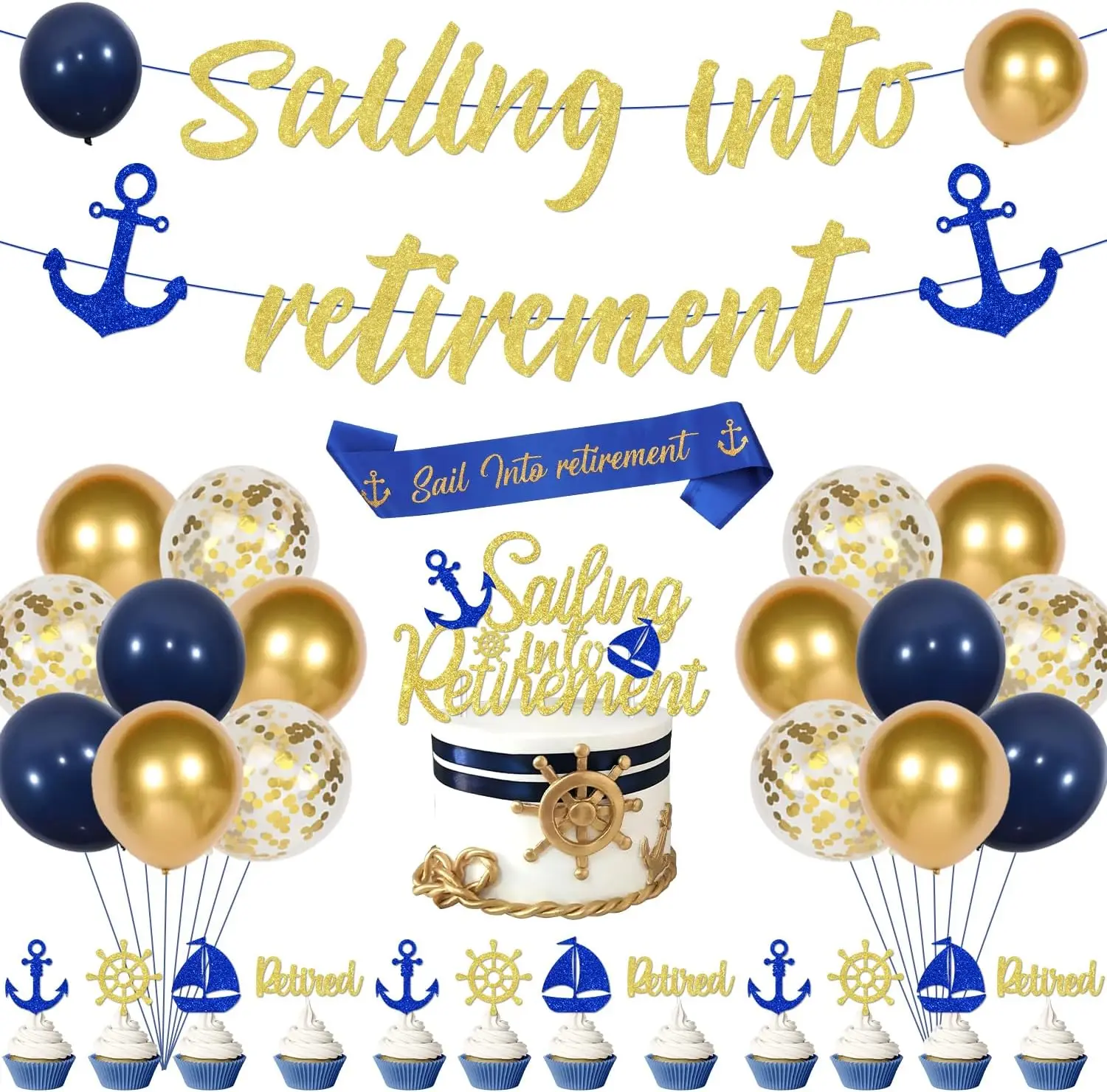 Funmemoir Sailing Into Retirement Decorations Set Nautical Party Banner Navy Theme Ballons Sailor Men Officially Retired Supply