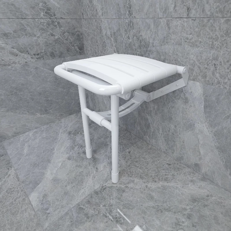 The foldable white ABS shower chair is stylish and suitable for indoor and outdoor use.