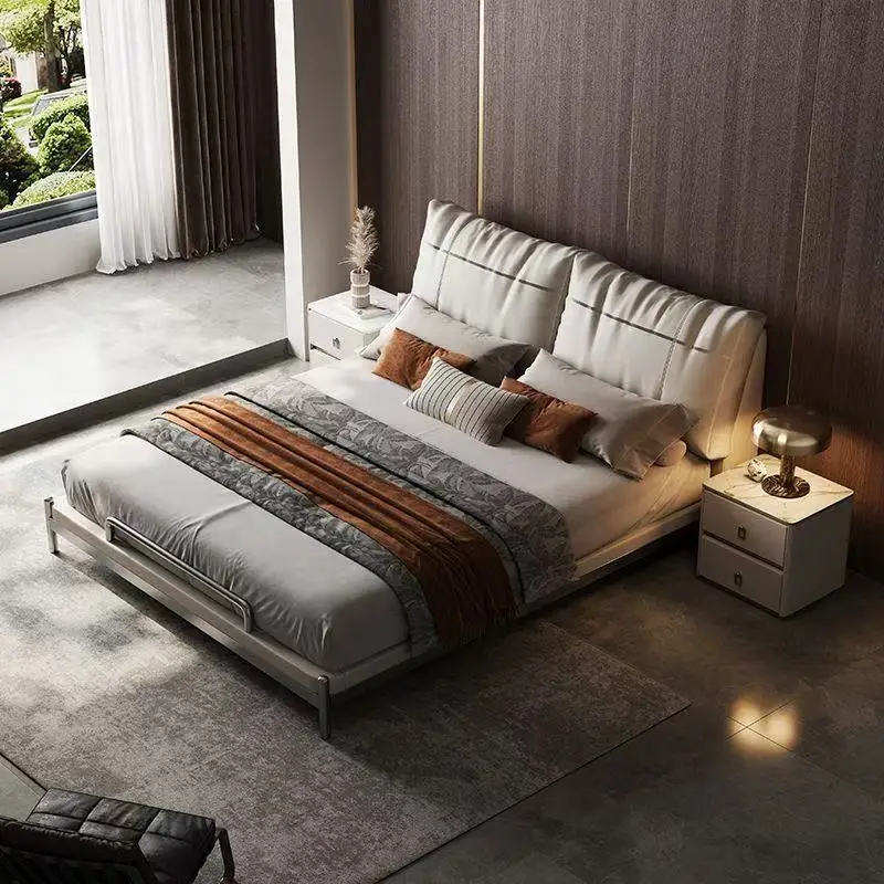 *Modern Light Luxury Line Stitching Leather Bed Metal Bed Frame Double High Soft Headboard Master Bedroom Furniture