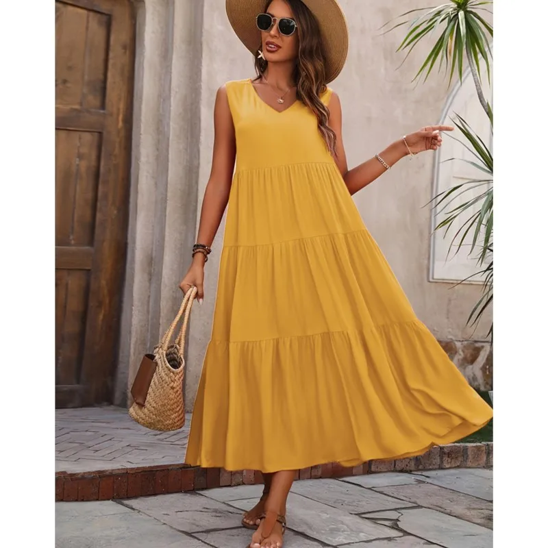 Solid Color Sleeveless Women's Long Dress Elegant Holiday V-neck Pullover Layered Patchwork Hem Loose Cake Dress New Style 2025