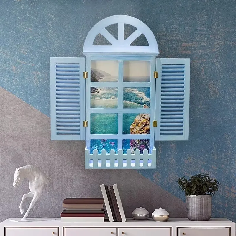 

European Style Wall-Mounted Faux Window,Vintage Wooden Shutters,Creative Retro Simulation Window for Indoor and Store Wall Decor