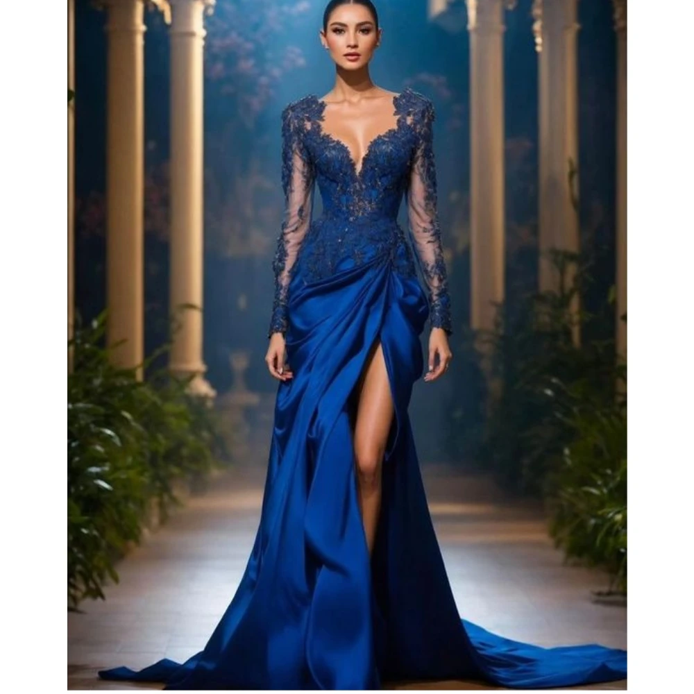 Vestido de noite de fenda alta personalizado, manga comprida, cetim drapeado, apliques sereia, azul royal, nova elegância, C24148