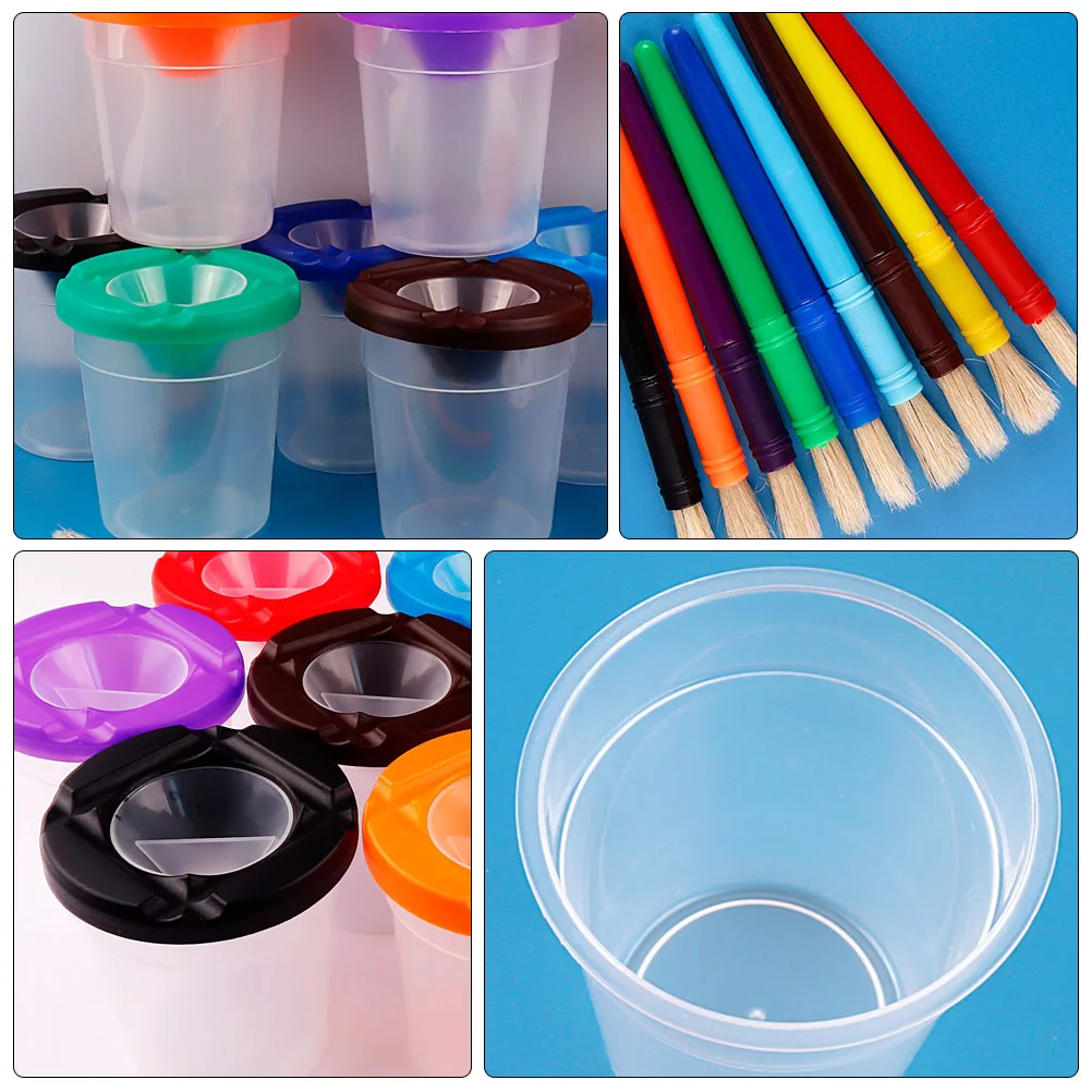 

10 Sets Of Safe Painting Tools Pig Bristle Brushes And Wash Cups For Children