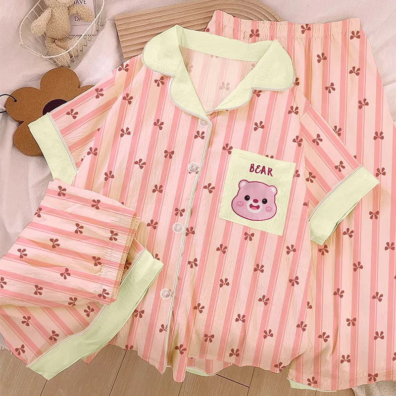 

Cartoon Bear Sweet Cute Korean Style Women's Pajamas Letter Bow Tie Striped Print Kawaii Set 3 Piece Woman Y2K New Sleepwear