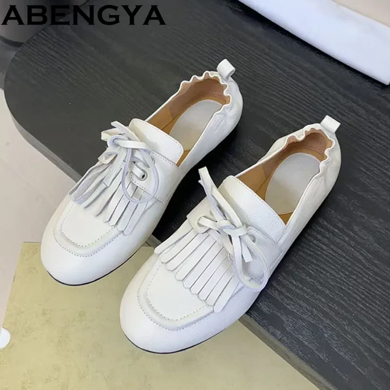 

Autumn Genuine Leather Loafers Women Round Toe Lace Up Fringe Decor Casual Flat Shoes Comfort Outdoors Walk Shoes Woman