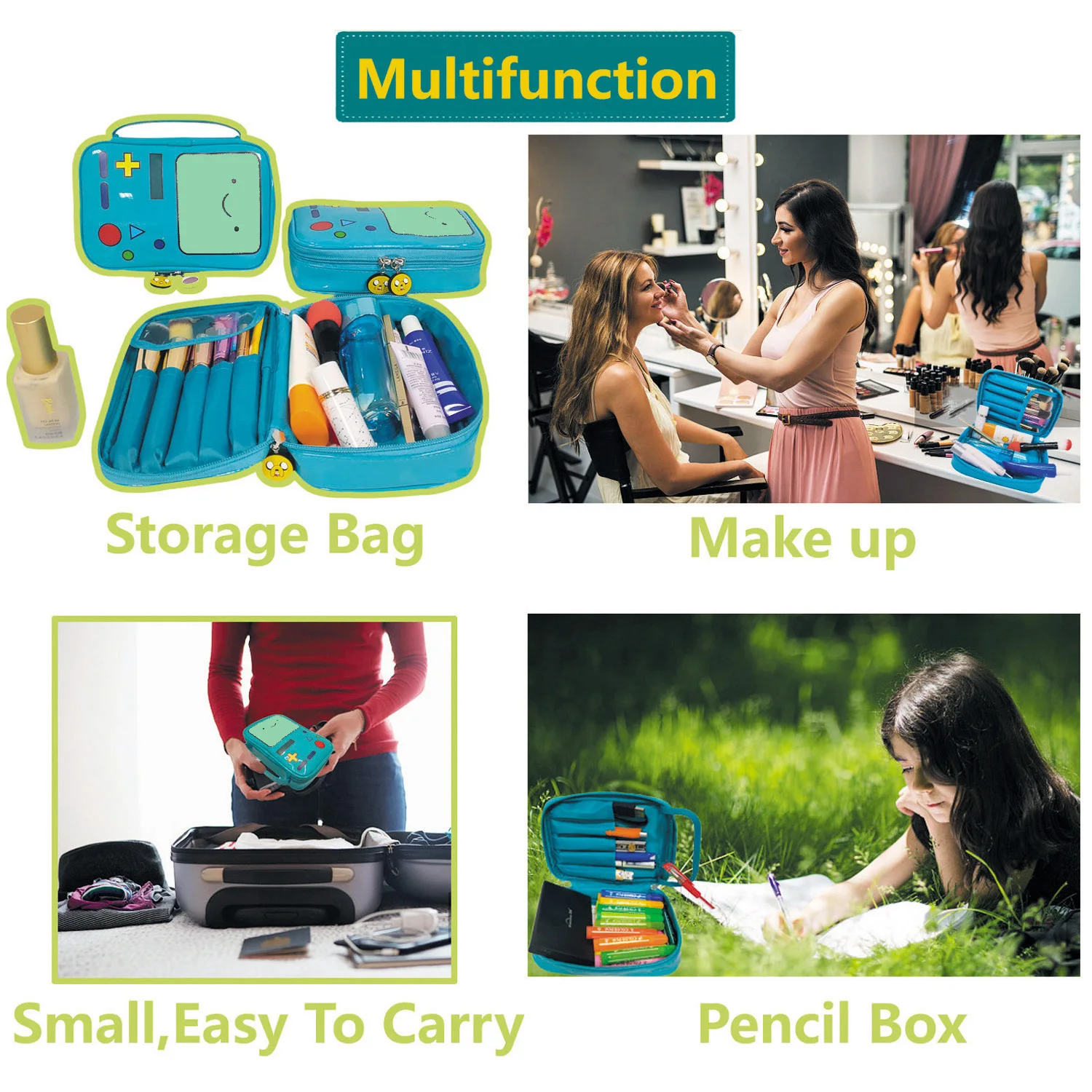 Adventure Time-Bolsa de maquillaje BMO para mujer, neceser de viaje reutilizable, organizador de lápices