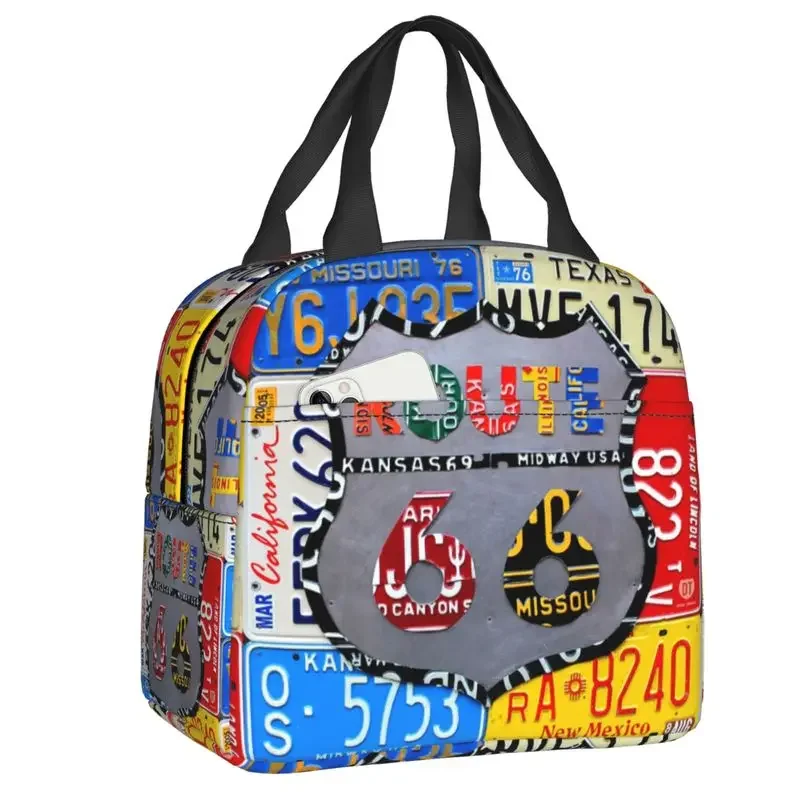 Route 66 Muscle Car Map Insulated Lunch Bag for Camping Travel Thermal Cooler Bento Box Women Children Food Container Tote Bags