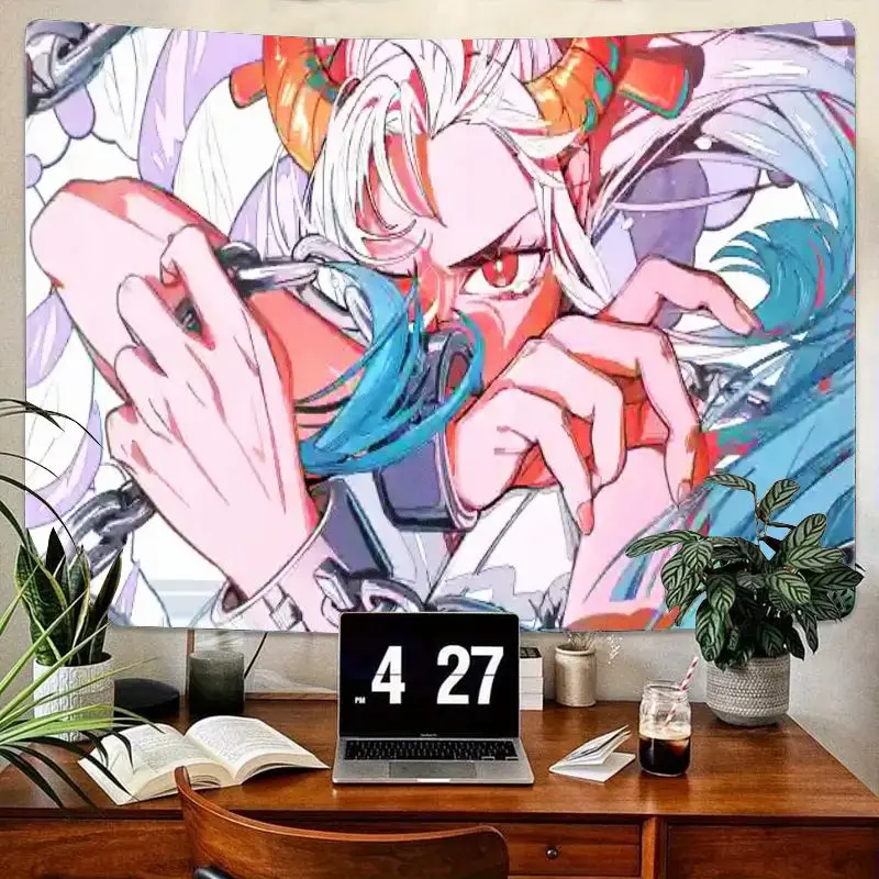 

1 шт. аниме-гобелен с длинными белыми волосами, оранжевыми рогами, персонажем с красными глазами, красочным настенным покрытием для декора спальни, гостиной, Vi