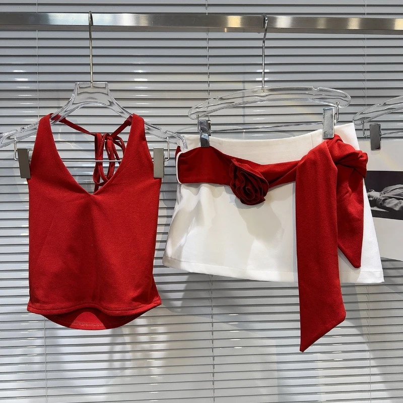 

2025 Summer New Hot Girl Socialite Temperament Halter V-neck Lace up Vest +Flower Belt Short Skirt Outfit Sexy Casual Set