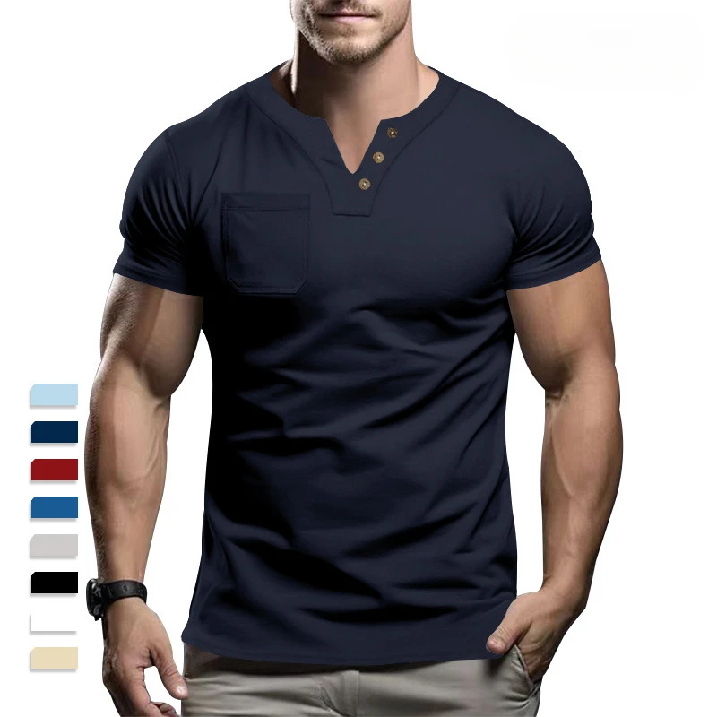 Men's Henley V Neck T‑Shirt Short Sleeve 3‑Button Placket Chest Pocket Solid Color Casual Summer Tops