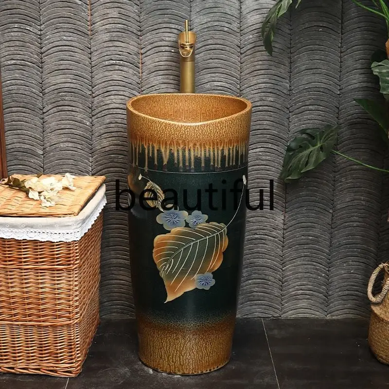 

Retro courtyard balcony household column type integrated floor type hand washing pool basin