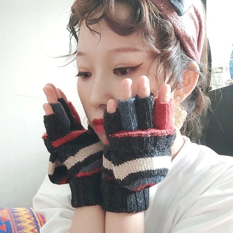 Autumn Winter Lolita Kawaii Lovely Amphibious Striped Wool Gloves Women Japanese Half Finger Warm Thicken Fingerless Gloves A283