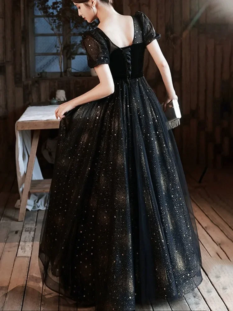 Customized O-neck Puff Sleeve Simple Temperament Prom Robe Slim Waist Bling Sequined Wedding Party Dress Elegant Fashion Evening