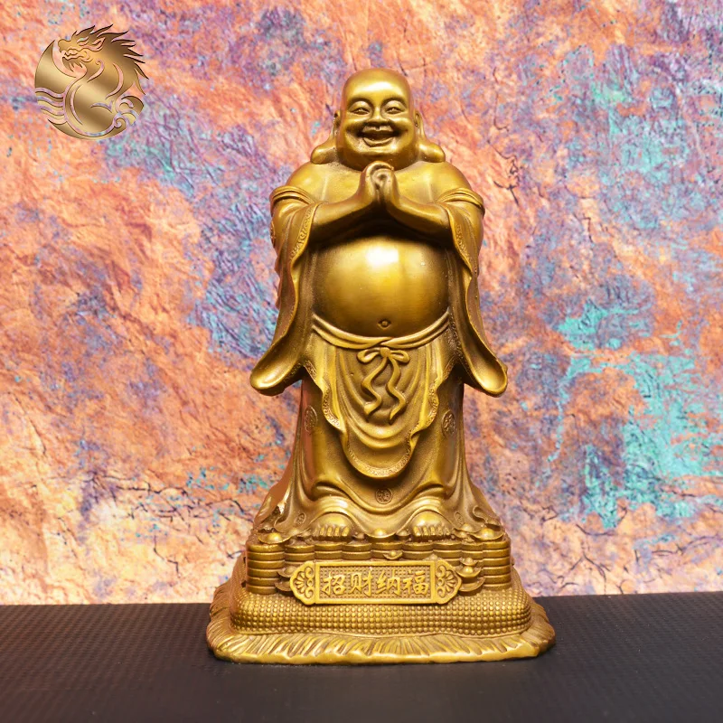 All-brass, wealth-attracting, large-bellied Maitreya Buddha statue for display in the foyer, a copper Buddha figurine as a gift