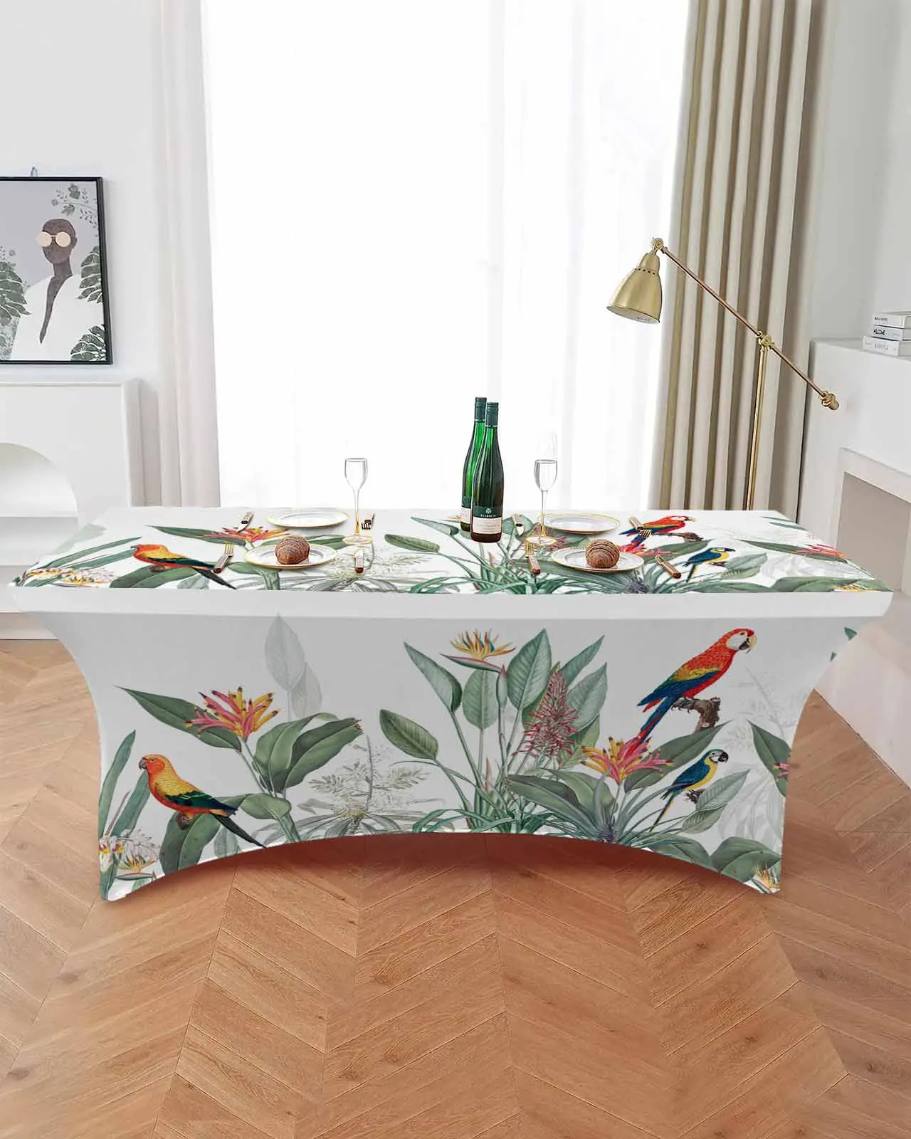 Ins Style Tropical Plants Parrot Elastic Table Skirt Wedding Birthday Table Decoration Table Skirt Tablecloth for Party