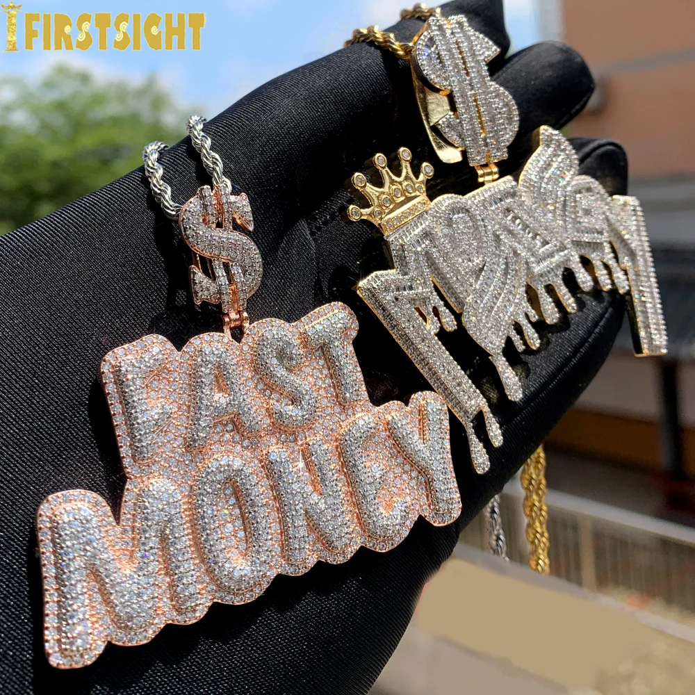 New Iced Out Bling Crown Letters Money Pendant Necklace Two Tone Color CZ Zircon Dollar Symbol Necklaces Men\'s Hip Hop Jewelry