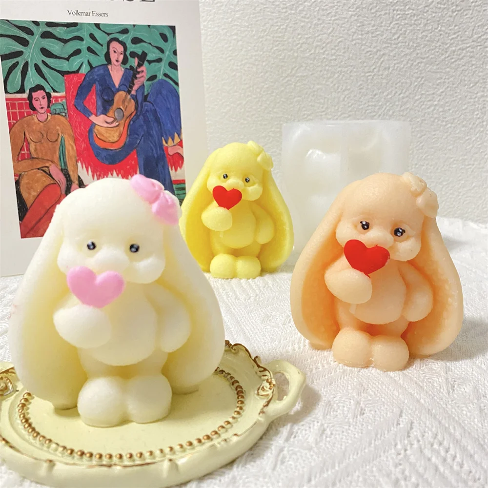 3D Long-eared Rabbit Silicone Mold Holding Love Lollipop Bunny Candle Mould Soap Resin Crafts Easter Molds Plaster Home Decor