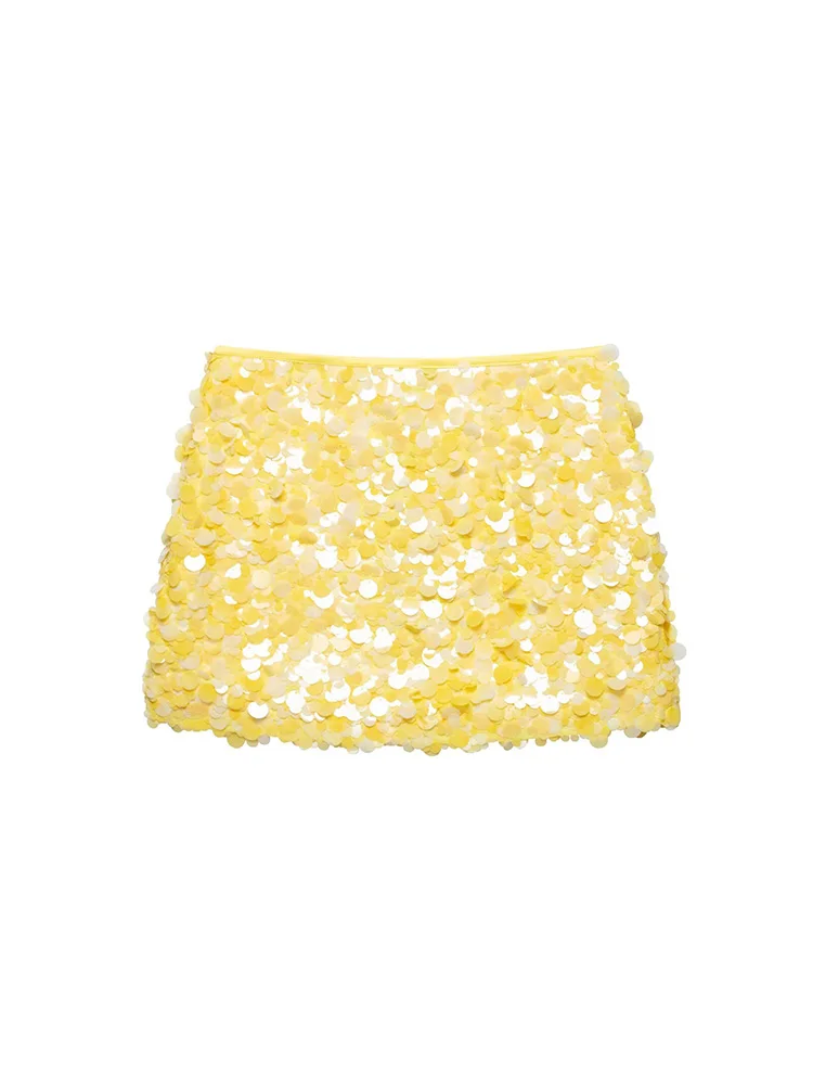 SIYANG ผู้หญิงแฟชั่น Sequined Solid ซิปด้านข้าง A-Line กระโปรงมินิวินเทจสูงเอวหญิง Chic Lady กระโปรง