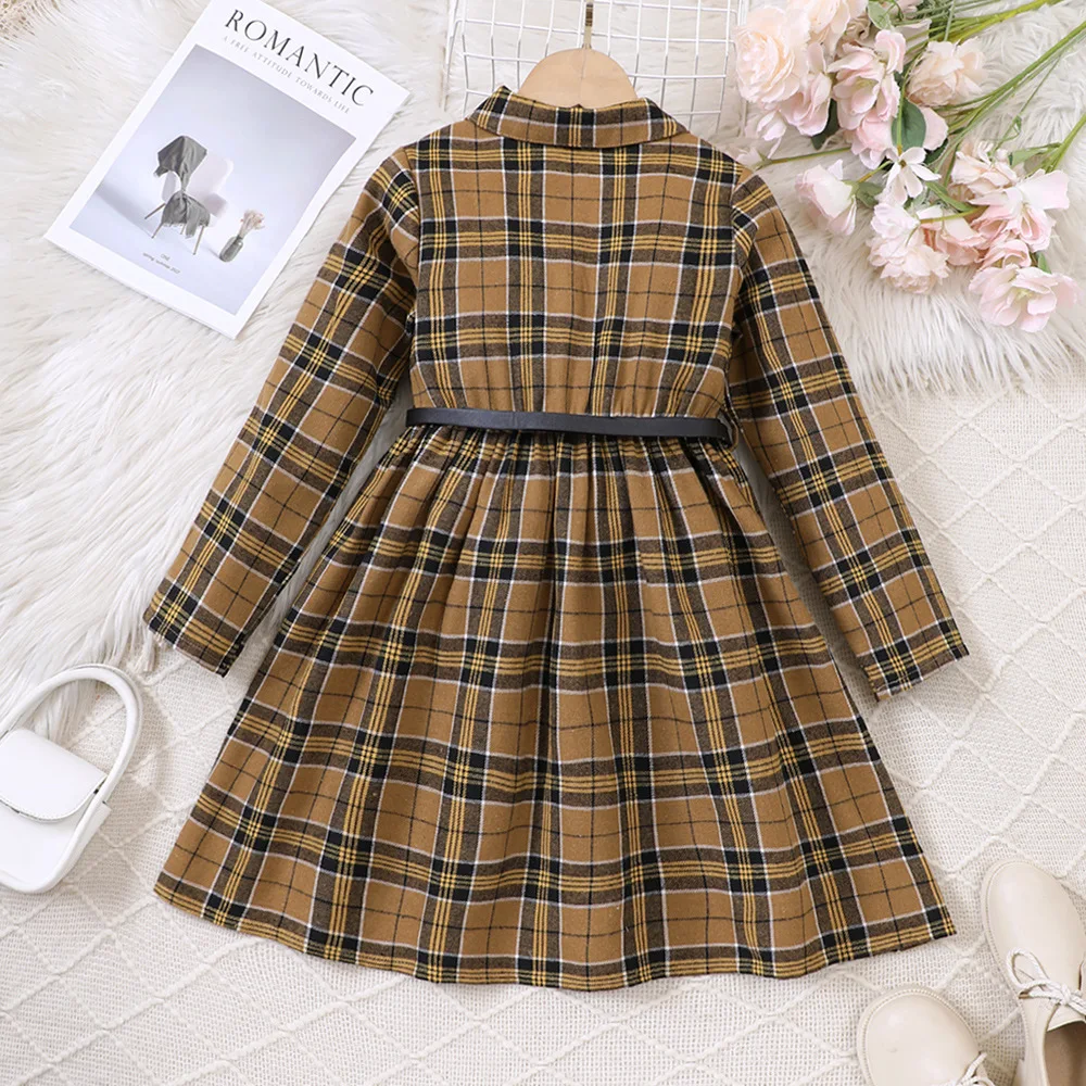 Kids Shirt Dress for Girls Clothes 2024 New Spring Autumn Chidlren Casual Plaid Long Sleeve Princess Dress with Belt 5-14Y