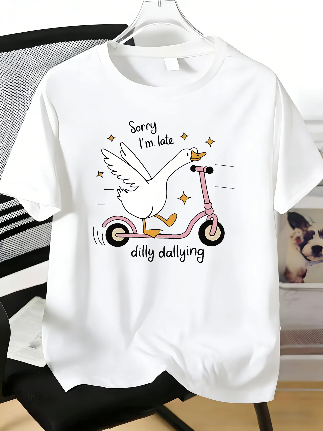Mens Round Neck Tee Funny Cartoon Goose Riding Scooter Letter Print Soft Breathable Male Short Sleeve Summer Casual Daily Top