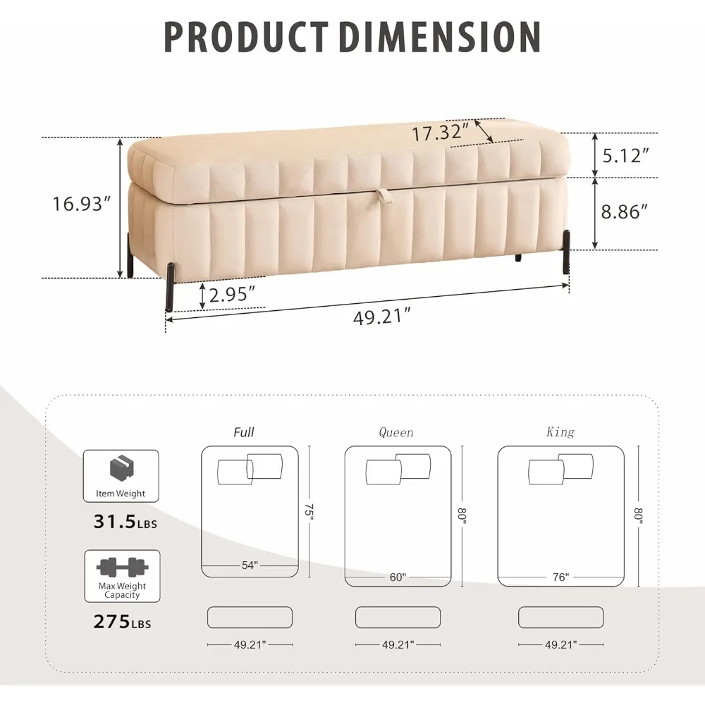 Bangku Penyimpanan Kamar Tidur: Ottoman Beludru Beige Ukuran 49.2 Full/Queen untuk Penyimpanan Sepatu dan Pintu Masuk