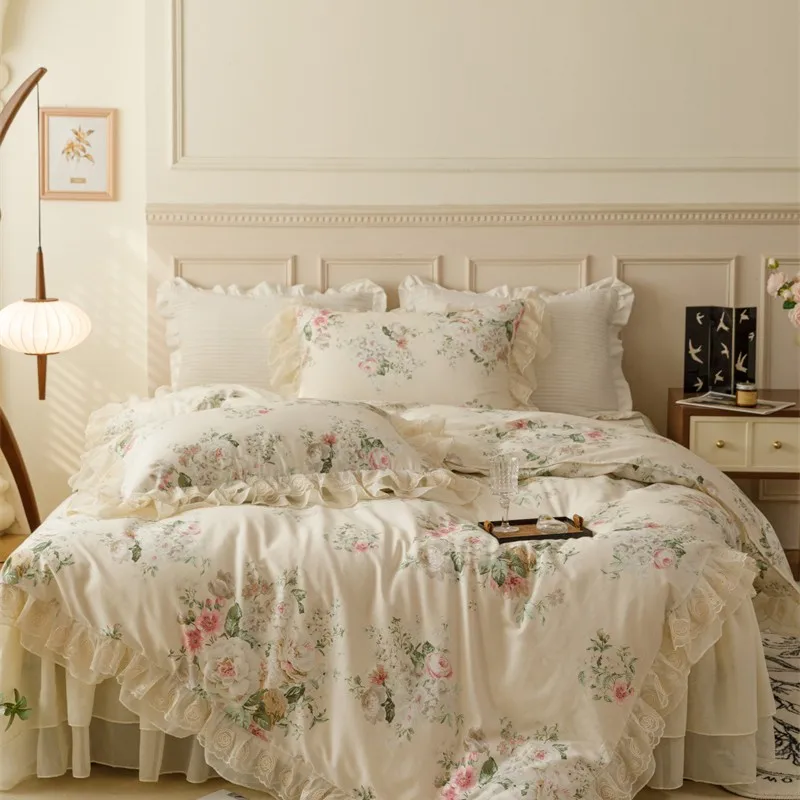 100%Cotton Vibrant Floral print Ruffled Lace Duvet cover for Girls Bedroom with Bedskirt 2 pillowcases Double Queen King 4Pcs