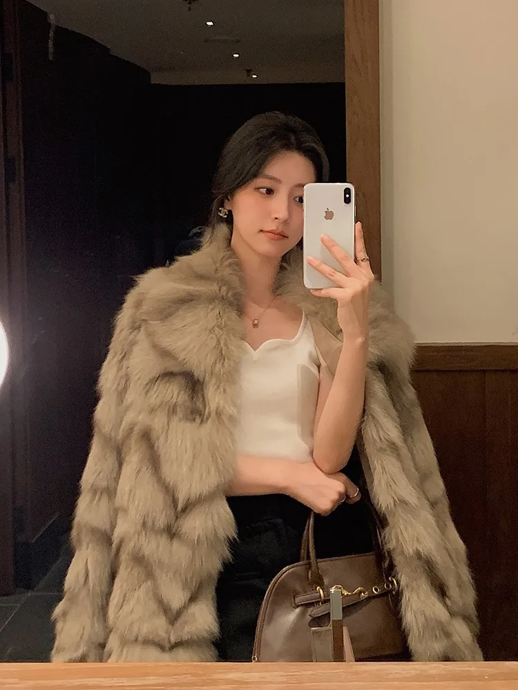 (Fox Beauty) Nuovo cappotto in erba di pelliccia di volpe da donna, taglia media a lunga, pelliccia integrata, stile giovane, cappotto versatile e snellente